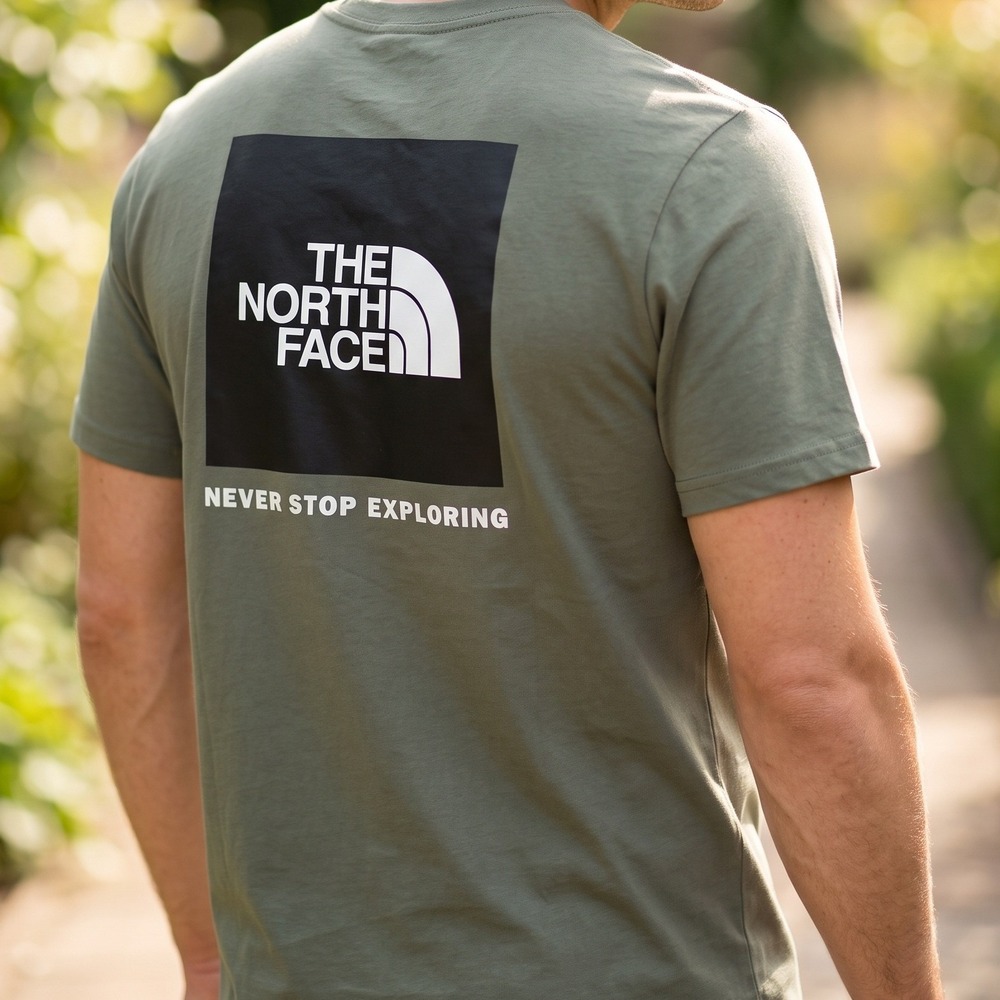 The North Face Mens Olive Green Graphic Box Logo T-Shirt Never Stop Exploring XL